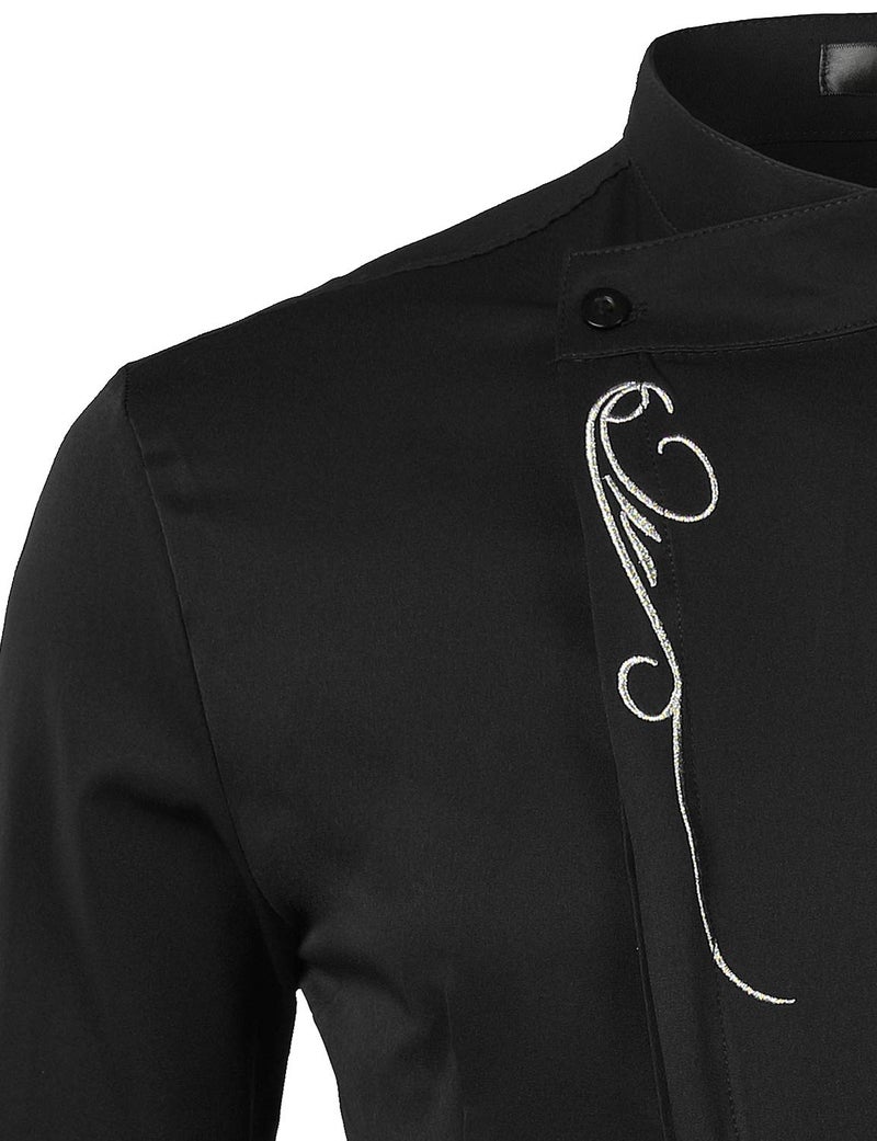 ZEROYAA Mens Hipster Embroidery Slim Fit Long Sleeve Casual Mandarin Collar Dress Shirts Z53 Black X Large - Image 4